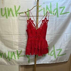 Free People Adella Crochet Lace Ruffled Camisole Red Tank